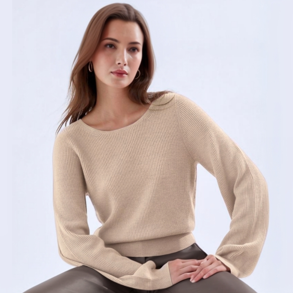 Babaton Wool Linen Balloon Sleeve Column Sweater Tan Size L